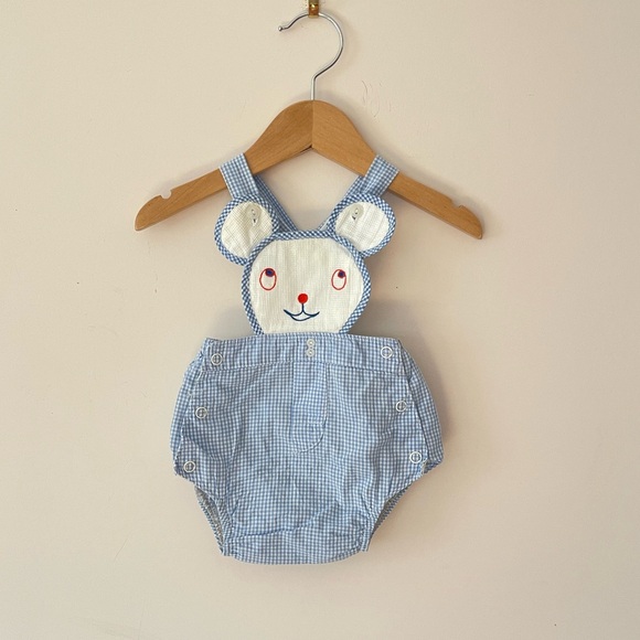 VINTAGE CUTE TOGS NEW ORLEANS Boys Blue Gingham Bear Appliqué Sunsuit Romper